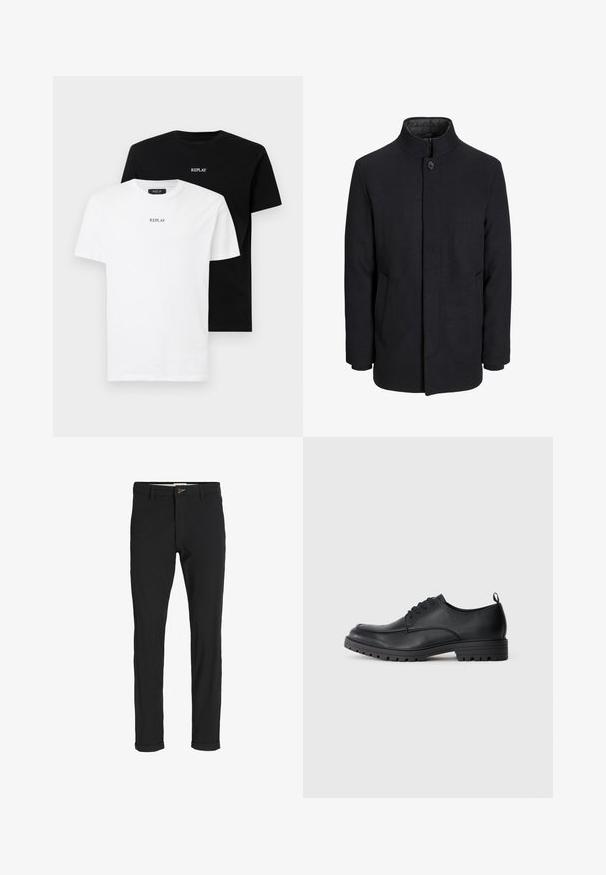 Men's black wool coat with high collar, concealed zipper, single button closure, and side pockets.; Two cotton t-shirts, one white and one black, each with short sleeves and a round neckline. Both feature "REPLAY" logo in the center.; Black cotton blend pants with a slim fit, featuring a button closure, pockets, and rolled cuffs for a casual finish.; Black leather dress shoe with a smooth texture, rounded toe, lace-up front, and sturdy rubber sole featuring a treaded pattern.