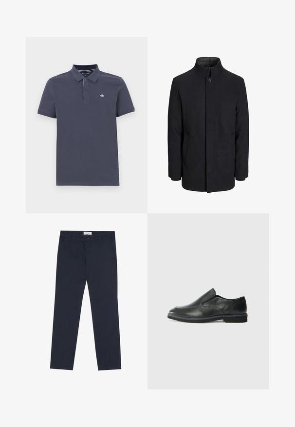 Palton negru din lână pentru bărbați, cu guler înalt, fermoar ascuns, închidere cu un singur buton și buzunare laterale.; Tricou polo bleumarin dintr-un amestec de bumbac, cu guler cu două butoane, mâneci scurte și un mic logo brodat pe pieptul stâng.; Chino navy din bumbac, cu o textură netedă, având fermoar, bucle pentru curea și buzunare laterale pentru funcționalitate.; Pantof de piele neagră, tip slip-on, cu un superior neted, accente cusute, vârf rotunjit și un toc jos din cauciuc. Talpa are un profil minim de aderență.