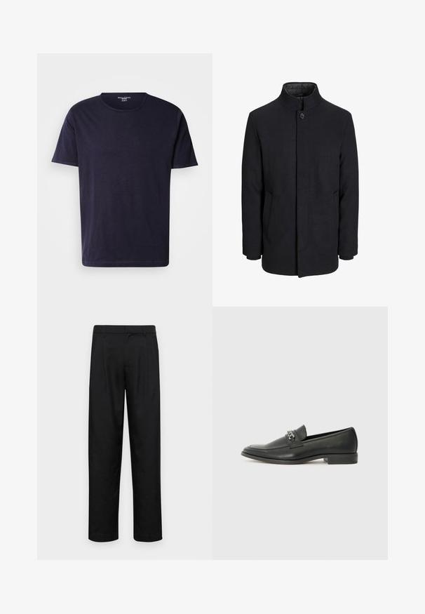 Men's black wool coat with high collar, concealed zipper, single button closure, and side pockets.; Dark navy T-shirt made from soft fabric, featuring a crew neck and short sleeves. Smooth texture with a simple, classic design.; Black trousers made of smooth fabric, featuring a straight-leg design, two front pleats, and standard waistband with belt loops.; Black leather loafer with a smooth finish, featuring a stitched design and a decorative metal chain accent across the vamp. Flat heel.