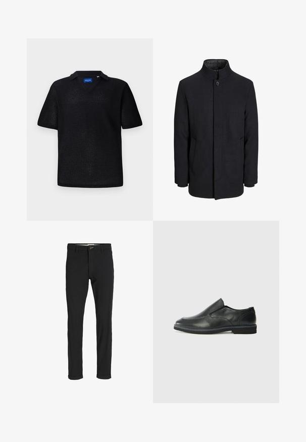 Meeste must villane mantel kõrge kraega, peidetud tõmblukk, ühe nööbiga kinnitamine ja küljetaskud.; Musthave musta lühikeste varrukatega polo särk, mis on valmistatud tekstureeritud võrgukangast, millel on V-kujuline kaelus ja krae. Kujundus on lõdvestunud ja hingav.; Mustast puuvillasegustest pükstest õhukese lõikega, milles on nööbikinnitus, taskud ja keeratud sääred, et saavutada lõdva lõppviimistluse.; Must musta laia suuga king, millel on sile ülemine osa, õmmeldud detailid, ümmargune nina ja madal kummist konts. Tallal on minimaalne mustr.