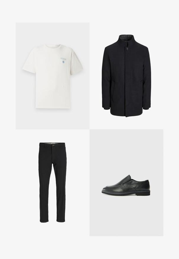 Herre sort uldfrakke med høj krave, skjult lynlås, enkelt knaplukning og sidelommer.; Hvid bomulds T-shirt med rund halsudskæring, korte ærmer og blå "MYKONOS" grafik på venstre bryst, der har et cirkulært designelement.; Sorte bomuldsblandede bukser med slim fit, der har en knaplukning, lommer og opbrugte stumper for et afslappet udtryk.; Sorte læder slip-on sko med en glat overdel, syede detaljer, rund tå og en lav gummihæl. Sålen har minimal profil.