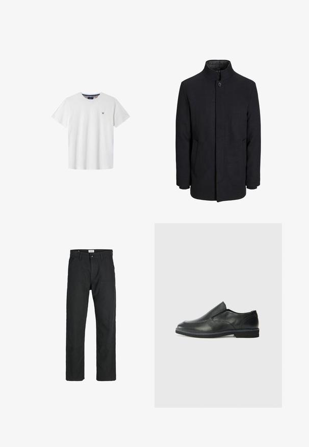 Pánsky čierny vlnový kabát s vysokým golierom, skrytým zipsom, jedným gombíkom a bočnými vreckami.; Biela bavlnená tričko s krátkymi rukávmi, okrúhlym výstrihom a námořníckym krížovým emblémom na ľavej hrudi. Obsahuje vzorovaný vnútorný výstrih.; Čierne nohavice vyrobené z odolného materiálu, s rovnými nohavicami, prešitými detailmi a dvoma prednými vreckami pre väčšiu funkčnosť.; Čierny kožený nazúvací topánka s hladkým zvrškom, prešitými akcentmi, zaoblenou špičkou a nízkym gumovým podpätkom. Podošva má minimálny dezén.