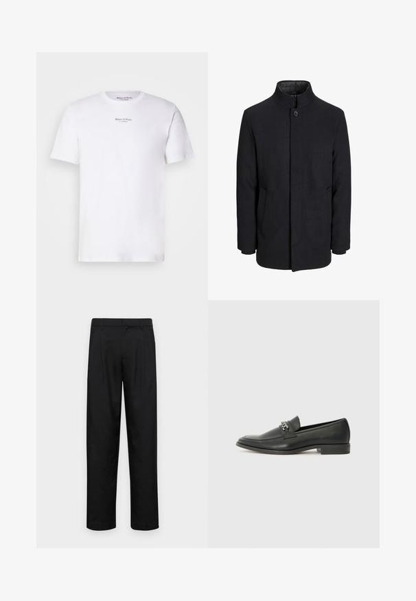 Vīriešu melns vilnas mētelis ar augstu apkakli, slēptu rāvējslēdžu, vienu pogu aizdari un sānu kabatām.; Bals baltā T-kreklā ar īsām piedurknēm, kas izgatavots no kokvilnas, ar apaļu kakla izgriezumu. Uz krūtīm ir melns "Marc O'Polo" logotips. Gluda tekstūra, minimāls dizains.; Melnas bikses, izgatavotas no gludas auduma, ar taisnu kāju dizainu, divām priekšējām krokām un standarta jostu, kurai ir āķi.; Melna ādas loafer izmēra apavi ar gludu virsmu, piedāvā ar šūtu dizainu un dekoratīvu metāla ķēdes akcentu pār vampu. Plakana papēža daļa.