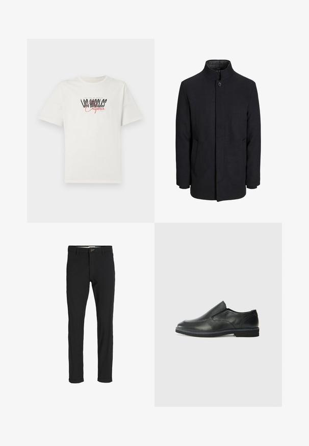 Miestenský čierny vlnený kabát s vysokým golierom, skrytým zipsom, jedným gombíkom na zapínanie a bočnými vreckami.; Valkoinen puuvillapaita, jossa on lyhyet hihat ja pyöreä kaula-aukko. Musta ja punainen "Los Angeles California" -grafiikka. Yksinkertainen, rento malli.; Mustat puuvillasekoitehousut, joissa on slim fit -leikkaus, napitus, taskut ja käärityt lahkeet rentoa ilmettä varten.; Musta nahkainen liukujalkine, jossa on sileä pinta, ommeltuja yksityiskohtia, pyöristetty kärki ja matala kumipohja. Pohjassa on minimaalinen pito.