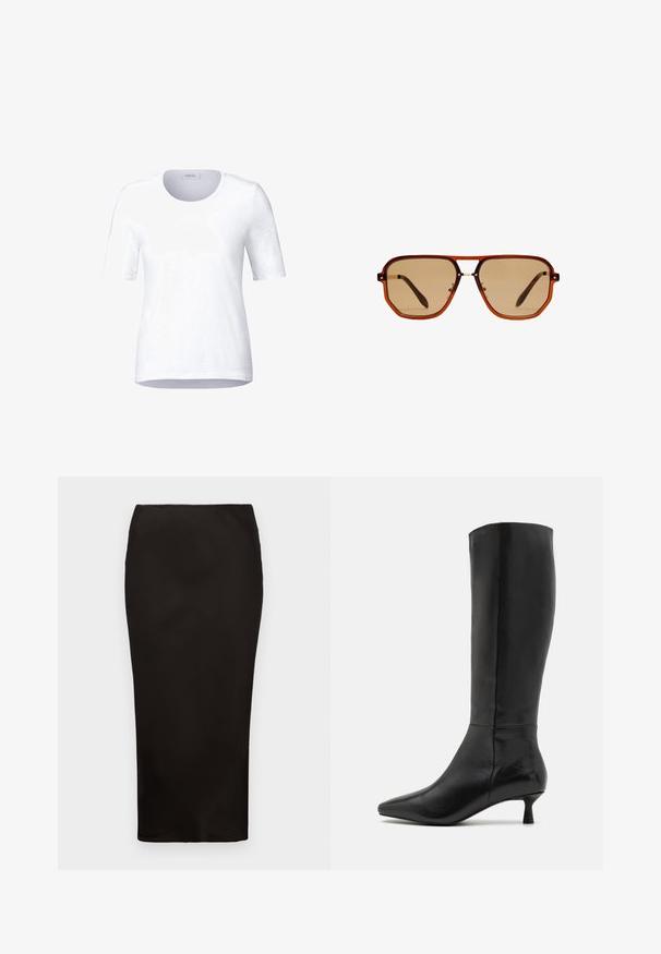 Schwarze Leder-Cropped-Jacke mit hohem Kragen, die eine leicht strukturierte Oberfläche, Druckknöpfe und übergroße, puffige Ärmel aufweist.; Weißes Rundhals-T-Shirt mit kurzen Ärmeln, aus weicher Baumwolle. Glatte Textur, einfaches Design und gerade Saumlinie. Markenetikett sichtbar.; Schwarzer, knielanger Bleistiftrock aus glattem Stoff mit elastischem Bund, der ein einfaches, minimalistisches Design ohne sichtbare Beschläge aufweist.; Zign Stiefel - black; Braune achteckige Sonnenbrille mit einem transparenten, bernsteinfarbenen Rahmen und braun getönten Gläsern. Verfügt über eine Metallverzierung am Steg und schlanke Bügel.