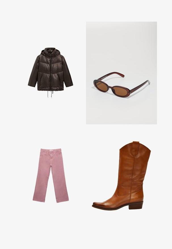Černá péřovka s kapucí, s předním zipem, elastickými šňůrkami na spodním lemu a kontrastními matnými panely.; Krémově pletený svetr s dlouhými rukávy, šálovým detailem na krku a šedým prošitím na límci a manžetách.; Růžové široké džínsy vyrobené z denimu, s vysokým pasem, předními kapsami a decentními švy. Hladká textilie bez vzorů.; Hnědá kožená kovbojská bota s špičatou špičkou, dekorativním šitím na svršku a nízkým stojanovým podpatkem. Obsahuje poutko na vrchu.; Kulaté sluneční brýle hnědé barvy s lesklým burgundským rámem. Úzké nožičky s jemným logem. Rovné čočky.
