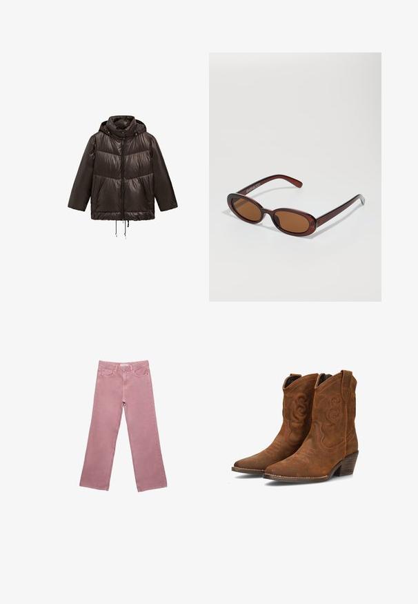 Doudoune noire avec capuche, dotée d'une fermeture éclair à l'avant, de cordons élastiques à l'ourlet et de panneaux à finition mate contrastés.; Pull en maille crème à manches longues, avec un détail de nœud type écharpe au niveau du col, et des bords gris cousus sur le col et les poignets.; Jean large rose en denim, avec une taille haute, des poches avant et des détails de couture subtils. Texture lisse sans motifs.; Bottes de cowboy en suède marron avec bouts pointus, couture décorative et talons bas empilés. Présente des motifs embossés complexes le long du tige.; Lunettes de soleil rondes teinte brun avec une monture bordeaux brillante. Branches fines avec un détail de marque subtil. Design de verres plats.