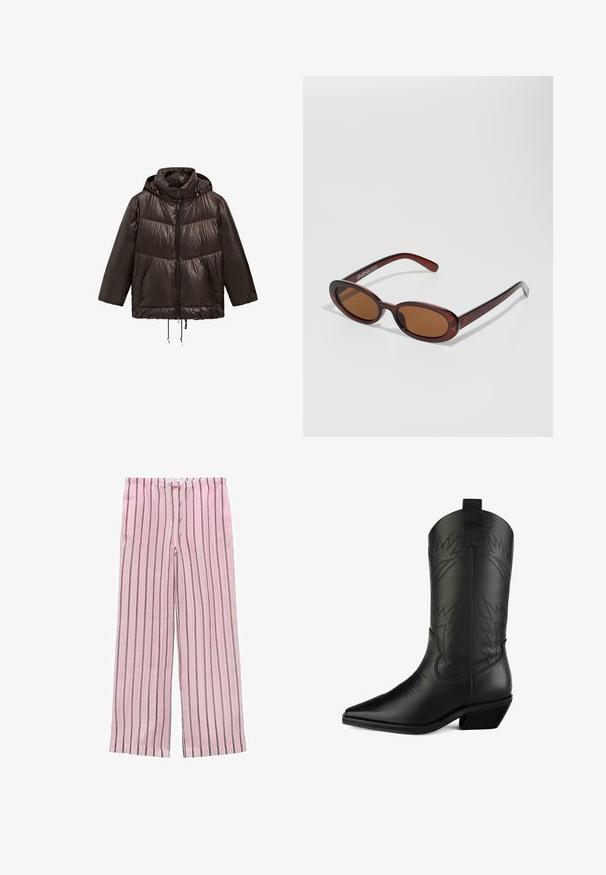 Zwarte pufferjas met capuchon, voorzien van een ritssluiting aan de voorkant, elastische koordjes aan de onderrand en contrasterende matte afwerkingspanelen.; Crèmekleurige gebreide trui met lange mouwen, een sjaalachtige strikdetail bij de hals en grijze gestikte randen aan de kraag en manchetten.; Roze gestreepte wijde broek met zwarte en grijze verticale strepen. Gemaakt van een lichte stof, met een elastische tailleband voor comfort.; Zwarte leren cowboylaars met een spitse neus, gebogen schacht, decoratieve stiksel en een lage blokhak. Heeft trek lussen voor gemakkelijk aan- en uittrekken.; Ronde, bruin getinte zonnebril met een glanzend bordeauxrood frame. Slanke pootjes met subtiele merkdetails. Vlakke lensontwerp.