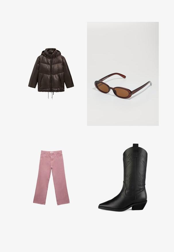 Svart puffjacka med huva, med dragkedja fram, elastiska snören i nederkant och kontrasterande matta paneler.; Krämfärgad stickad tröja med långa ärmar, detalj liknande en halsduksknut vid halsen och gråa sömmar på krage och ärmslut.; Rosa vida jeans i denim, med hög midja, framfickor och subtila sömnadsdetaljer. Slät textur utan mönster.; Svarta läder cowboystövlar med en spetsig tå, kurvad skaft, dekorativ sömnad och låg blockklack. Har dragremmar för enkel påtagning.; Runda, bruntonade solglasögon med en glansig bordeauxfärgad ram. Smala bågar med subtilt varumärkesdetalj. Platt linsdesign.