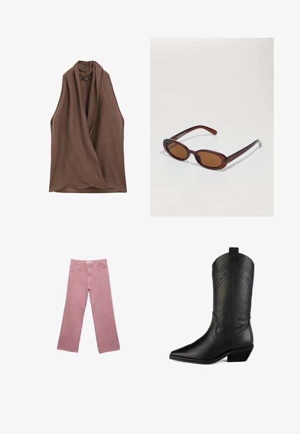 Black puffer jacket with a hood, featuring a zip front, elastic drawstrings at the hem, and contrasting matte finish panels.; Massimo Dutti CROSSOVER HALTER NECK - Blouse - dark brown; Pink wide-leg jeans made from denim, featuring a high waist, front pockets, and subtle stitching details. Smooth texture with no patterns.; Black leather cowboy boot with a pointed toe, curved shaft, decorative stitching, and a low block heel. Features pull tabs for easy wear.; Round, brown-tinted sunglasses with a glossy burgundy frame. Slim arms with subtle branding detail. Flat lens design.