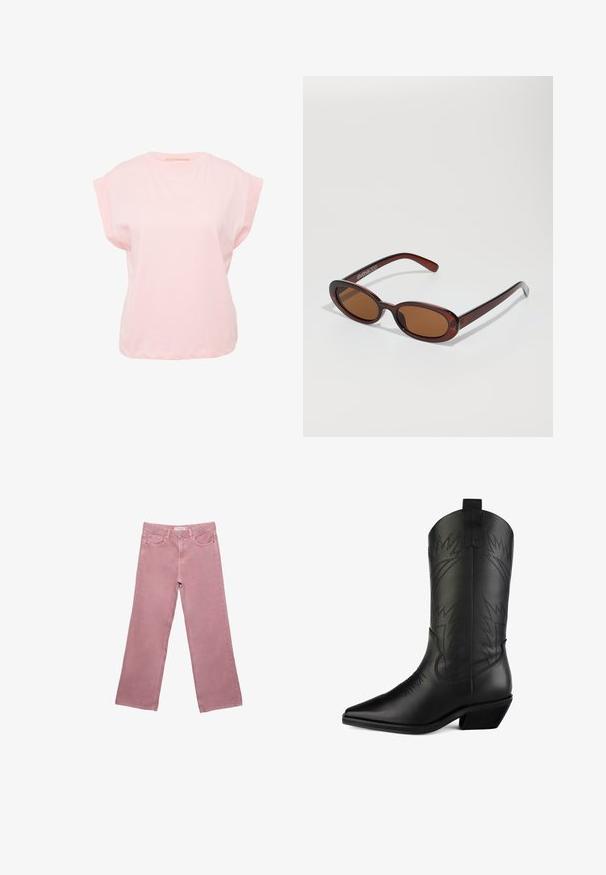 Czarna kurtka puchowa z kapturem, z zamkiem z przodu, elastycznymi sznurkami ściągającymi u dołu oraz kontrastowymi matowymi panelami.; Jasnoróżowa bawełniana koszulka z krótkimi rękawami typu cap, okrągłym dekoltem i luźnym krojem. Gładka tekstura, minimalistyczny design, brak widocznych wzorów czy akcentów.; Różowe dżinsy o szerokich nogawkach, wykonane z denimu, z wysokim stanem, przednimi kieszeniami i subtelnymi detalami w postaci przeszyć. Gładka tekstura bez wzorów.; Czarne skórzane kowbojki z ostrym noskiem, zakrzywioną cholewką, ozdobnym przeszyciem i niskim klockiem. Posiadają pętelki ułatwiające zakładanie.; Okrągłe, brązowe okulary przeciwsłoneczne z błyszczącą bordową oprawą. Cienkie ramiona z subtelnym detalem marki. Płaski kształt soczewek.