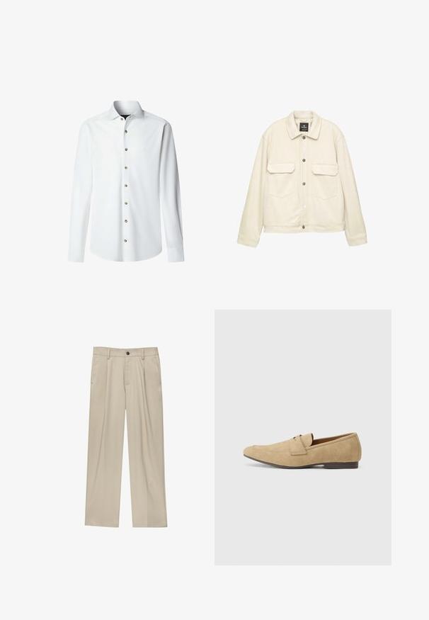 Svetlý, mäkký textilný kabát s golierom, zatváraním na patentky, dvoma náprsními vreckami a dlhými rukávmi. Jednoduchý, hranatý dizajn.; Biely sveter vyrobený z jemného, textúrovaného materiálu. Má okrúhly výstrih a dlhé rukávy. Rovný lem s voľným strihom.; Biela dlhá košeľa s dlhým rukávom z hladkej látky s gombíkovým zapínaním vpredu. Má klasický golier a mosadzný gombíky pozdĺž zapínania.; Béžové nohavice s rovný strihom, s jedným čiernym gombíkom, pútkami na opasok a bočnými vreckami. Hladká textúra látky a minimálny dizajn.; Bežové semišové mokasíny s jemným leskom, s okrúhlou špičkou, dizajnom na zloženie a nízkym hnedým podpätkom. Jemné detaily v šití.