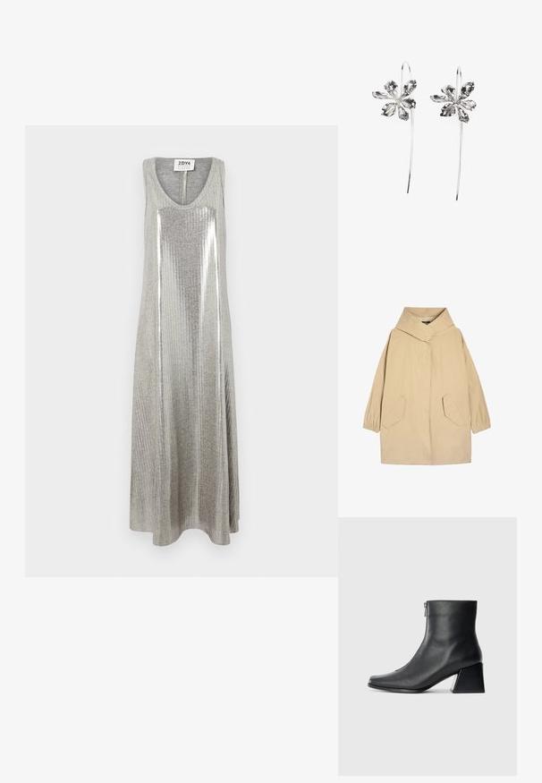 Beige yärdöng sark, kora küt, uzzi qollar, häm ikü bürne mönäbär äşkär kalak. Sıfqın, yengil tissu qoyı.; Harmaa ilmanhihaista maksimekkoa, jossa on pyöreä kaula-aukko, pystysuora ryppyinen rakenne ja kiiltävät hopeiset yksityiskohdat keskellä.; Mustat nahka nilkkurit, joissa on nelikulmainen kärki, sivuvetoketju ja lohkarekorko, taustalla vaalea yksinkertainen tausta.; Hopeakukka-muotoiset korvakorut, joissa on teksturoitu pinta, pitkät koukut ja terälemäiset yksityiskohdat hienostuneen muotoilun luomiseksi.