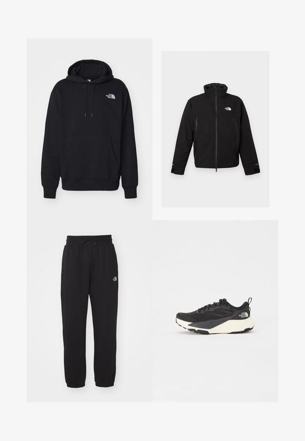 Juodas vandeniui atsparusgižas su aukštu apykakle, su zip užtrauktuku priekyje, dviem šoninėmis kišenėmis ir logotipu ant krūtinės. Turi reguliuojamus rankogalius ir lygią tekstūrą.; Juodas gobtuvų džemperis, pagamintas iš minkštos medžiagos, su priekinėmis kišenėmis, raišteliu ant gobtuvo ir mažai balta logo kairėje krūtinės pusėje.; Juodos sportinės kelnės, pagamintos iš minkštos medžiagos, su elastinga juosmens juosta ir raišteliu, apatinėmis dalimis su gumomis bei mažu logotipu viršutiniame šlaunies regione.; Juodas sportinis batelis su tekstūruotu tinkleliu, solidžiai juodais akcentais ir lengvu baltu padu. Yra raištelių uždarymas ir trauktukas.