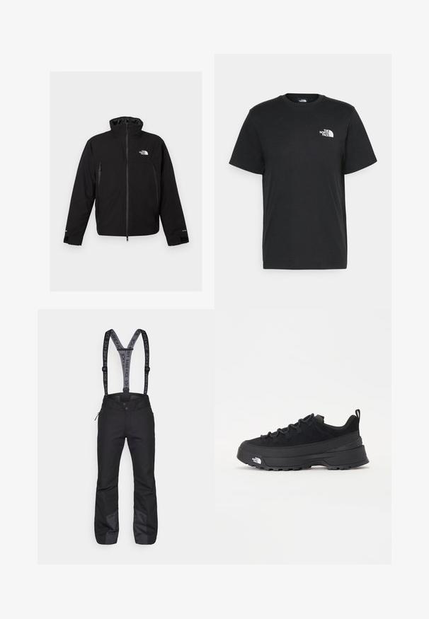 Crna vodootporna jakna s visokim ovratnikom, zatvorenim prednjim dijelom, dva bočna džepa i logotipom na prsima. Ima podesive manžete i glatku teksturu.; Crna pamučna majica s kratkim rukavima, okruglim izrezom i malim bijelim logotipom na lijevoj strani prsa. Jednostavan dizajn, glatka tekstura i opušteni kroj.; Crne skijaške hlače s podesivim crnim tregerima na kojima je bijeli natpis "FIRE + ICE", bočnim džepovima na patentni zatvarač i ojačanim donjim dijelovima nogavica.; Crne vanjske tenisice s gornjim dijelom od antilopa, teksturiranim gumenim potplatom i čvrstim sustavom vezanja. Imaju ojačan petni deo i logo brenda sa strane.
