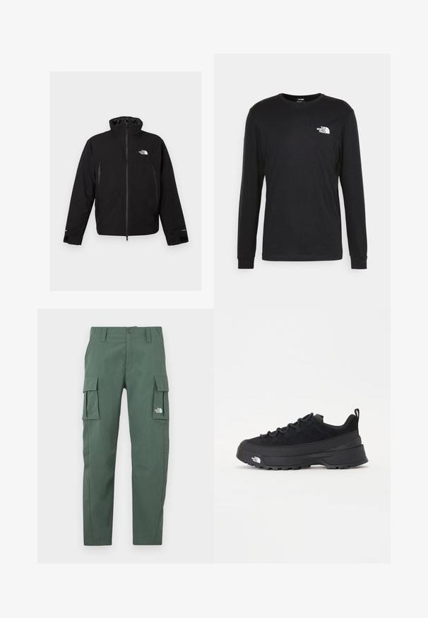 Černá nepromokavá bunda s vysokým límcem, zapínáním na zip, dvěma bočními kapsami a logem na hrudi. Obsahuje nastavitelné manžety a hladkou texturu.; Černé tričko s dlouhým rukávem vyrobené z bavlny, s bílým logem na levé straně hrudi a pružnými manžetami. Hladký povrch s kulatým výstřihem.; Zelené cargo kalhoty vyrobené z texturované tkaniny, s dvěma bočními cargo kapsami a předním zipem. Obsahují zapínání na knoflík a logo značky na kapse.; Černé venkovní tenisky s horní částí ze semiše, texturovanou gumovou podrážkou a pevným šněrováním. Obsahují zesílenou patu a logo značky na boku.