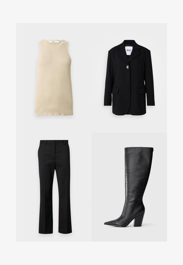 Juodas švarkas su įpjovimais, dviem priekinėmis kišenėmis ir vienu mygtuko uždarymu, kuriame yra dekoratyvinis segtukas. Lygi audinio tekstūra.; Bežinė banguota be rankovių palaidinė su apvaliu iškirpimu, pasižyminti prisitaikančiu siluetu ir lygiu paviršiumi, puikiai tinkanti sluoksniavimui ar šiltam orui.; Juodos pritaikytos kelnės su tiesiu kirpimu. Pagamintos iš lygaus audinio, su lygiu priekiu ir standartine juosme, turinčia diržo kilpas.; Juodos aulinės odos botai iki kelių su smaigalio formos pirštu ir masyviu aukštu kulnu, pavaizduoti kairėje profilyje ant balto fono.