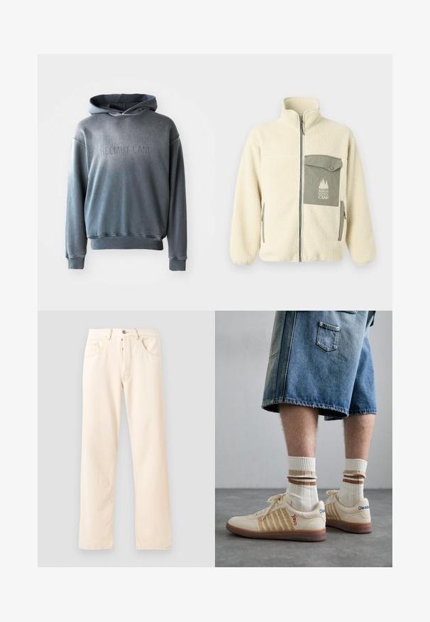 Tejkabát krémszínben, magas gallérral, elülső cipzárral, és zöld mellzsebbel, amelyen logó és gombos zárás található.; Szürke kapucnis pulóver puha anyagból, elülső kenguru zsebbel, bordázott mandzsettával és aljjal, "HELMUT LANG" felirattal a fronton.; Szürke pamut póló, amelyen egy kis narancssárga róka fej hímzés található a bal mellen. Kerek nyakú, rövid ujjú és klasszikus fazonú.; Világos bézs farmernadrág egyenes szárú dizájnnal, öt zsebbel és elülső gombos zárással. A varrások láthatóak az illesztéseknél.; Bezs árnyalatú retro sportcipők barna gumitalppal, csíkos díszítéssel és hímzett logókkal. Fehér zoknikkal viselve, csíkos barna részletekkel.