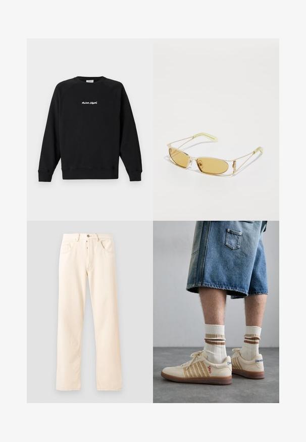 Fleece jacket in cream with a high collar, front zipper, and a green chest pocket featuring a logo and button closure.; Black long-sleeve crewneck sweatshirt with white "Maison Kitsuné" text centered on the chest, shown against a plain light background.; Light beige denim jeans with a straight-leg design, five pockets, and a front button closure. Stitching visible along seams.; Beige retro sneakers with brown rubber sole, featuring striped accents and embroidered logos. Worn with white socks, striped brown detail.; Yellow-tinted sunglasses with a translucent gold frame, slim rectangular shape, and angular arms with light green accents.