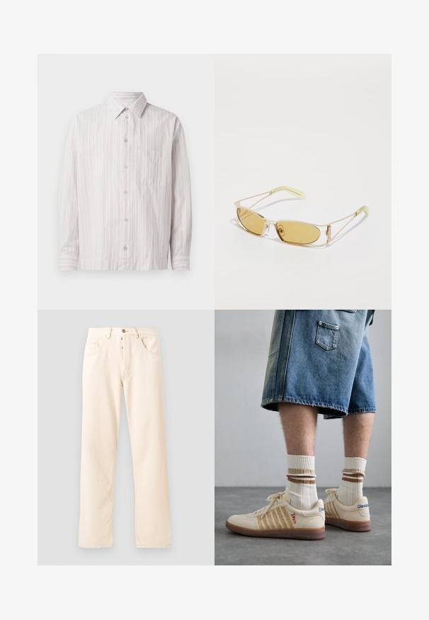 Flis jakna v kremni barvi z visokim ovratnikom, sprednjim zadrgo in zeleno prsno žepom, ki vključuje logo in zapiranje na gumb.; Bela srajca z gumbi, z tankimi roza vertikalnimi črtami, s koničastim ovratnikom, dolgimi rokavi, enim žepom na prsih in zaobljenim robom.; Siva bombažna majica z majhnim vezenjem oranžne lisice nad levim prsnikom. Okrogla ovratnika, kratke rokave in klasičen kroj.; Svijetlosmeđe traperice s ravnim nogavicama, pet džepova i prednjim zatvaranjem na gumb. Šavovi su vidljivi duž šavova.; Bežne retro teniske z rjavim gumijastim podplatom, ki imajo črtaste detajle in izvezene logotipe. Oblečene so z belimi nogavicami in črtastim rjavim detajlom.; Sončna očala z rumenim tonom, s prozornim zlatim okvirjem, ozko pravokotno obliko in ostrimi ročaji z svetlo zelenimi poudarki.
