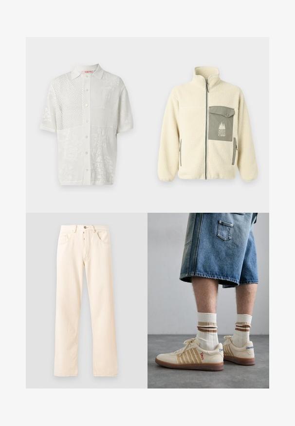Flis jakna v kremni barvi z visokim ovratnikom, sprednjim zadrgo in zeleno prsno žepom, ki vključuje logo in zapiranje na gumb.; Bela kratka polo majica s kratkimi rokavi s teksturiranim pletenim dizajnom, ki ima izrazite panele iz mrežastega materiala in cvetlične vzorce, ter sprednje gumbno zapiranje.; Siva bombažna majica z majhnim vezenjem oranžne lisice nad levim prsnikom. Okrogla ovratnika, kratke rokave in klasičen kroj.; Svijetlosmeđe traperice s ravnim nogavicama, pet džepova i prednjim zatvaranjem na gumb. Šavovi su vidljivi duž šavova.; Bežne retro teniske z rjavim gumijastim podplatom, ki imajo črtaste detajle in izvezene logotipe. Oblečene so z belimi nogavicami in črtastim rjavim detajlom.