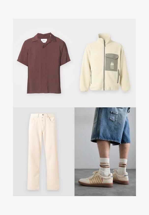 Fleece-Jacke in Creme mit hohem Kragen, Frontreißverschluss und einer grünen Brusttasche mit Logo und Knopfverschluss.; Kurzärmliges, kragenloses Hemd in einem tiefen Burgunderrot. Strukturierter, leichter Stoff mit lockerer Passform und subtilem Glanz. Etikett sichtbar.; Graues Baumwoll-T-Shirt mit einer kleinen orangefarbenen Fuchs-Kopf-Stickerei über der linken Brust. Rundhalsausschnitt, kurze Ärmel und eine klassische Passform.; Helle beige Denim-Jeans mit geradem Bein, fünf Taschen und einer Knopfverschluss vorne. Nähte sichtbar entlang der Nähte.; Beige Retro-Sneaker mit braunem Gummisohle, mit gestreiften Akzenten und gestickten Logos. Getragen mit weißen Socken, gestreiftem braunen Detail.