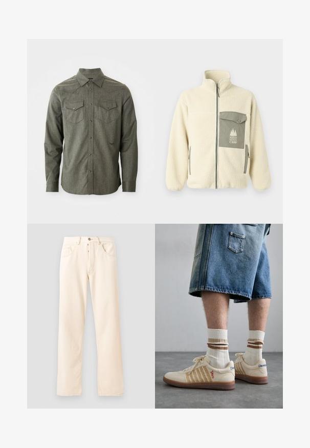 Fleece-Jacke in Creme mit hohem Kragen, Frontreißverschluss und einer grünen Brusttasche mit Logo und Knopfverschluss.; Grünes, langärmliges Button-Up-Hemd aus strukturiertem Stoff. Verfügt über zwei Brusttaschen und einen spitzen Kragen mit westernmäßigen Yoke-Details.; Graues Baumwoll-T-Shirt mit einer kleinen orangefarbenen Fuchs-Kopf-Stickerei über der linken Brust. Rundhalsausschnitt, kurze Ärmel und eine klassische Passform.; Helle beige Denim-Jeans mit geradem Bein, fünf Taschen und einer Knopfverschluss vorne. Nähte sichtbar entlang der Nähte.; Beige Retro-Sneaker mit braunem Gummisohle, mit gestreiften Akzenten und gestickten Logos. Getragen mit weißen Socken, gestreiftem braunen Detail.