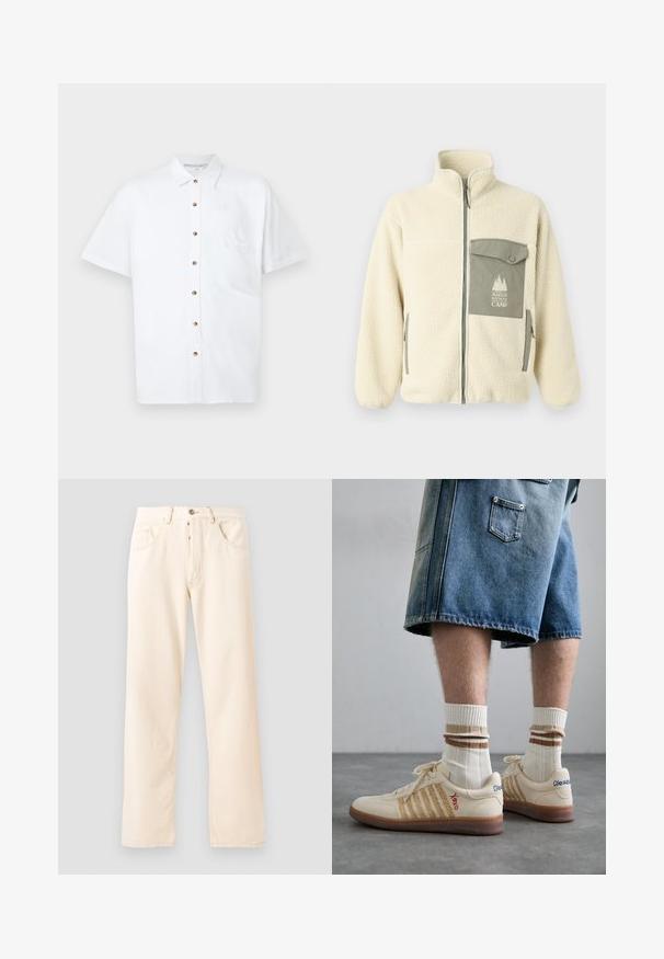 Fleece jacket in cream with a high collar, front zipper, and a green chest pocket featuring a logo and button closure.; White short-sleeve shirt made of linen, featuring a button-front closure, a chest pocket, and wooden buttons for accents.; Gray cotton t-shirt featuring a small orange fox head embroidery above the left chest. Crew neck, short sleeves, and a classic fit.; Light beige denim jeans with a straight-leg design, five pockets, and a front button closure. Stitching visible along seams.; Beige retro sneakers with brown rubber sole, featuring striped accents and embroidered logos. Worn with white socks, striped brown detail.