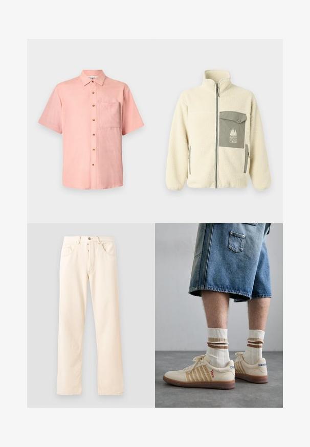 Krekls no flīsa krēmkrāsā ar augstu apkakli, priekšējo rāvējslēdzēju un zaļu krūšu kabatu, kurai ir logo un pogu aizdare.; Gaišā rozā krāsā, īsām piedurknēm, audums no lina, ar pogu aizdari priekšpusē un krūšu kabatu. Dabiski koka pogas izceļ dizainu.; Gaiši beidzama denima bikses ar taisnu kāju dizainu, pieciem kabatām un priekšējo pogu aizdari. Šuvju šuvumi redzami garam šuvēm.; Beige retro kedas ar brūnu gumijas zoli, ar svītrām un izšūtām emblēmām. Valkātas ar baltām zeķēm, ar brūnu svītru detaļu.