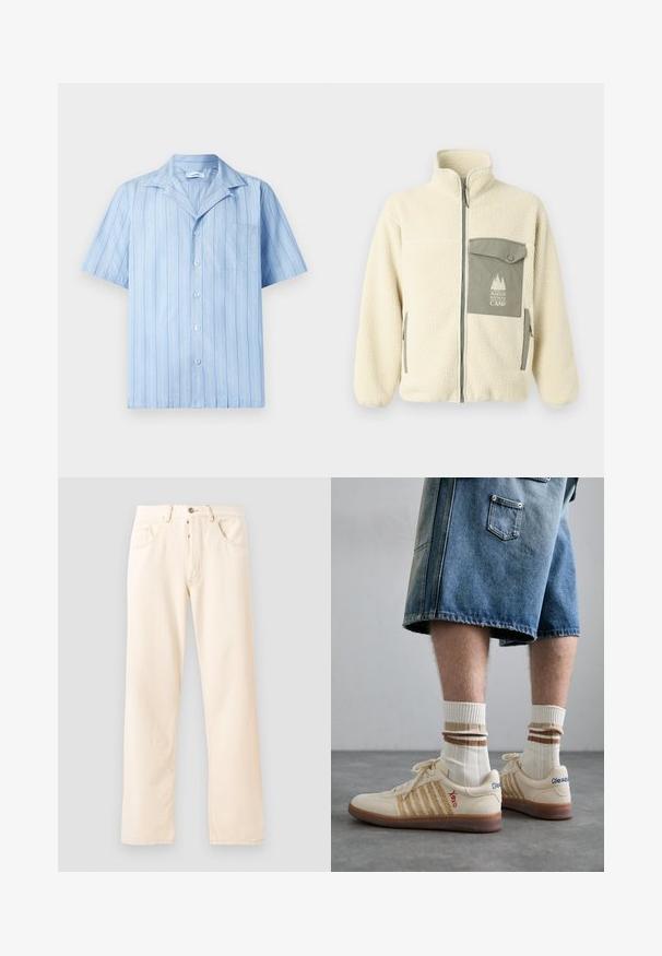 Fleeceová bunda v krémovej farbe s vysokým golierom, predným zipsom a zelenou náprsníkovou vreckom s logom a gombíkovým uzáverom.; Svetlomodrá košeľa s krátkym rukávom, vertikálnymi bielymi pruhmi, s gombíkovým zapínaním a náprsníkom. Vyrobená z hladkej, ľahkej tkaniny.; Svetlo béžové denimové džínsy s rovnými nohavicami, piatimi vreckami a predným zapínaním na gombík. Viditeľné švy pozdĺž švov.; Béžové retro tenisky s hnedou gumovou podrážkou, so pruhovanými akcentmi a vyšitými logami. Nosené s bielymi ponožkami a pruhovaným hnedým detailom.