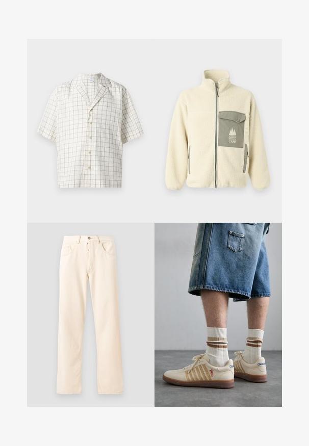 Tejkabát krémszínben, magas gallérral, elülső cipzárral, és zöld mellzsebbel, amelyen logó és gombos zárás található.; Rövid ujjú póló világos bézs anyagból, rácsos mintával. Különleges gallérral rendelkezik és hét gombos záródással készült.; Világos bézs farmernadrág egyenes szárú dizájnnal, öt zsebbel és elülső gombos zárással. A varrások láthatóak az illesztéseknél.; Bezs árnyalatú retro sportcipők barna gumitalppal, csíkos díszítéssel és hímzett logókkal. Fehér zoknikkal viselve, csíkos barna részletekkel.