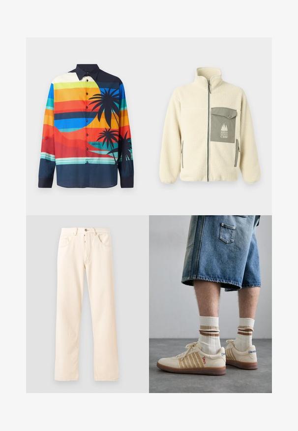 Fleece jack in roomkleur met een hoge kraag, ritssluiting aan de voorkant en een groene borstzak met een logo en knoopsluiting.; Kleurrijk overhemdo met horizontale strepen in tinten blauw, oranje en groen, met zwarte palmbomen en een donkere kraag.; Lichtbeige denim jeans met een rechte pijp, vijf zakken en een sluiting met een knoop aan de voorkant. Stiksel zichtbaar langs de naden.; Beige retro sneakers met een bruine rubberen zool, met gestreepte accenten en geborduurde logo's. Draag ze met witte sokken met gestreepte bruine details.