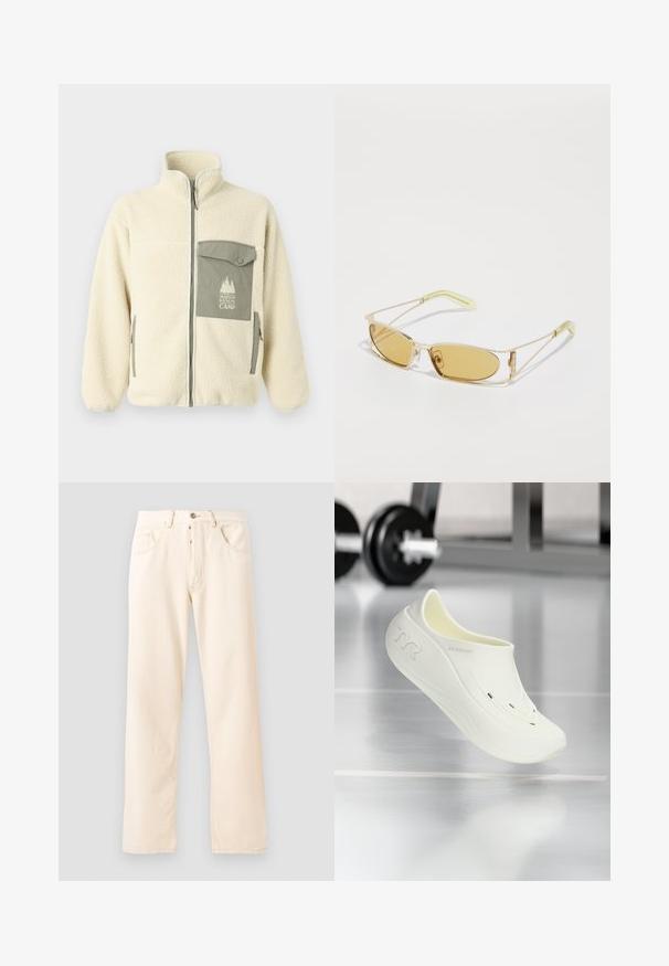 Tejkabát krémszínben, magas gallérral, elülső cipzárral, és zöld mellzsebbel, amelyen logó és gombos zárás található.; Szürke pamut póló, amelyen egy kis narancssárga róka fej hímzés található a bal mellen. Kerek nyakú, rövid ujjú és klasszikus fazonú.; Világos bézs farmernadrág egyenes szárú dizájnnal, öt zsebbel és elülső gombos zárással. A varrások láthatóak az illesztéseknél.; Fehér, slip-on stílusú cipő sima, texturált felülettel, két szellőzőnyílással és ívelt formával. A márka logója látható az oldalán.; Sárgás árnyalatú napszemüveg áttetsző arany kerettel, vékony téglalap alakú, szögletes karokkal, amelyek világoszöld részletekkel rendelkeznek.