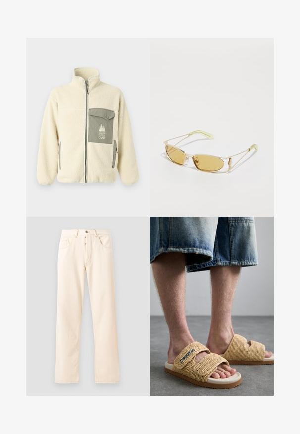 Fleece-Jacke in Creme mit hohem Kragen, Frontreißverschluss und einer grünen Brusttasche mit Logo und Knopfverschluss.; Graues Baumwoll-T-Shirt mit einer kleinen orangefarbenen Fuchs-Kopf-Stickerei über der linken Brust. Rundhalsausschnitt, kurze Ärmel und eine klassische Passform.; Helle beige Denim-Jeans mit geradem Bein, fünf Taschen und einer Knopfverschluss vorne. Nähte sichtbar entlang der Nähte.; Beige gewebte Sandalen verfügen über zwei verstellbare Riemen, eine strukturierte Oberfläche und eine hellfarbige Sohle mit braunen Akzenten.; Gelb getönte Sonnenbrille mit einem durchsichtigen goldenen Rahmen, schlanker rechteckiger Form und eckigen Bügeln mit hellgrünen Akzenten.