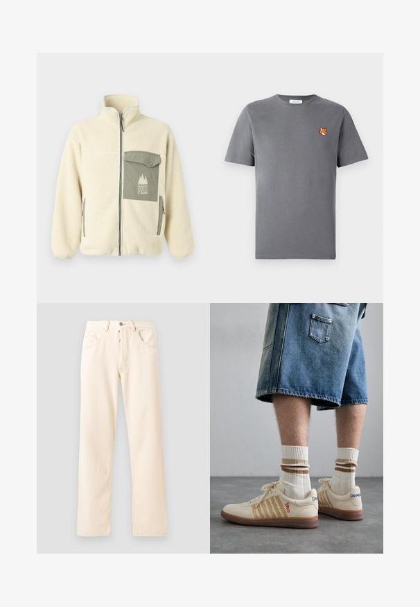 Fleece takki vaaleassa värissä, jossa on korkea kaulus, etuvetoketju ja vihreä rintatasku, jossa on logo ja napillinen suljenta.; Harmaa puuvillapaita, jossa on pieni oranssi supikoiran pään kirjonta vasemman rinnan yläpuolella. Pyöreä kaula-aukko, lyhyet hihat ja klassinen malli.; Vaaleanbeiget farkut, joissa on suora lahje, viisi taskua ja etupainikekiinnitys. Ompeleet näkyvät saumoissa.; Beige retro lenkkarit ruskealla kumipohjalla, joissa on raidalliset yksityiskohdat ja brodeeratut logot. Yhdistetty valkoisten sukien kanssa, joissa on ruskeat raidat.