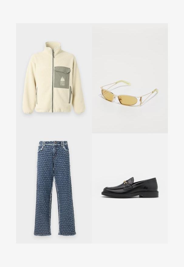 Kreminė fliso striukė su aukštu kaklu, priekiniais užtrauktukais ir žalia krūtine kišene, kurioje yra logo ir sagos uždarymas.; Pilkas medvilninis marškinėliai su maža oranžine lapės galvos siuvinėjimu virš kairiojo krūtinės. Apvalus kaklas, trumpomis rankovėmis ir klasikinio silueto.; Džinsiniai plačiakojai kelnių modeliai pasižymi tekstūruota mėlyna medžiaga su raštuotu dizainu. Kraštai yra nušluoti, o kelnių šonuose yra penkios kišenės ir metalinės detalės.; Juodos odinės loafer tipo bateliai su apvaliuku, su auksinėmis detalėmis ir siuvinėjimo akcentais, įrengti ant žemos, tekstūruotos gumos pado.; Geltonos atspalvio akiniai nuo saulės su permatomu auksiniu rėmu, liekna stačiakampio forma ir kampuotais rankenėlėmis su šviesiai žaliais akcentais.