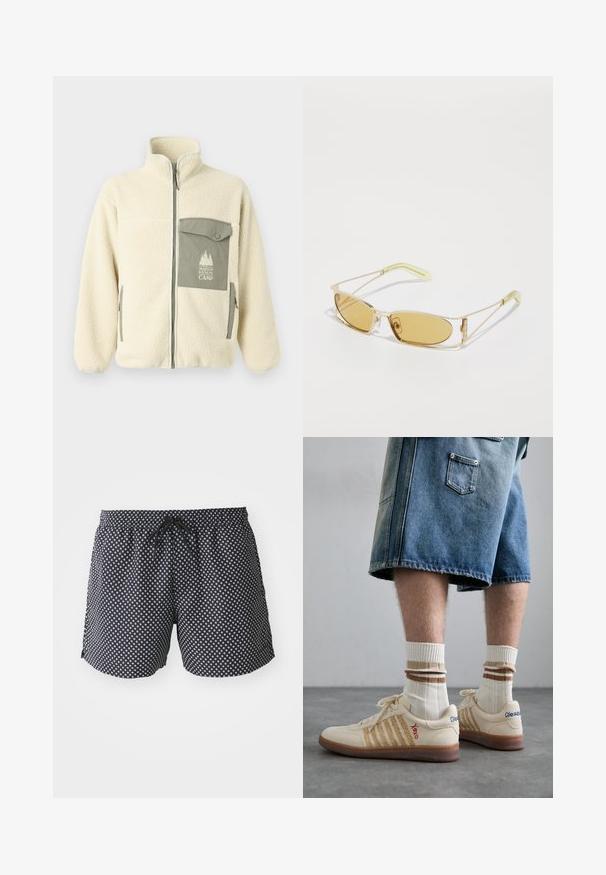Fleece-Jacke in Creme mit hohem Kragen, Frontreißverschluss und einer grünen Brusttasche mit Logo und Knopfverschluss.; Graues Baumwoll-T-Shirt mit einer kleinen orangefarbenen Fuchs-Kopf-Stickerei über der linken Brust. Rundhalsausschnitt, kurze Ärmel und eine klassische Passform.; Schwarze Badehosen mit einem weißen kreisförmigen Muster, elastischem Bund mit Kordelzug und einem lockeren Schnitt für zusätzlichen Komfort.; Beige Retro-Sneaker mit braunem Gummisohle, mit gestreiften Akzenten und gestickten Logos. Getragen mit weißen Socken, gestreiftem braunen Detail.; Gelb getönte Sonnenbrille mit einem durchsichtigen goldenen Rahmen, schlanker rechteckiger Form und eckigen Bügeln mit hellgrünen Akzenten.