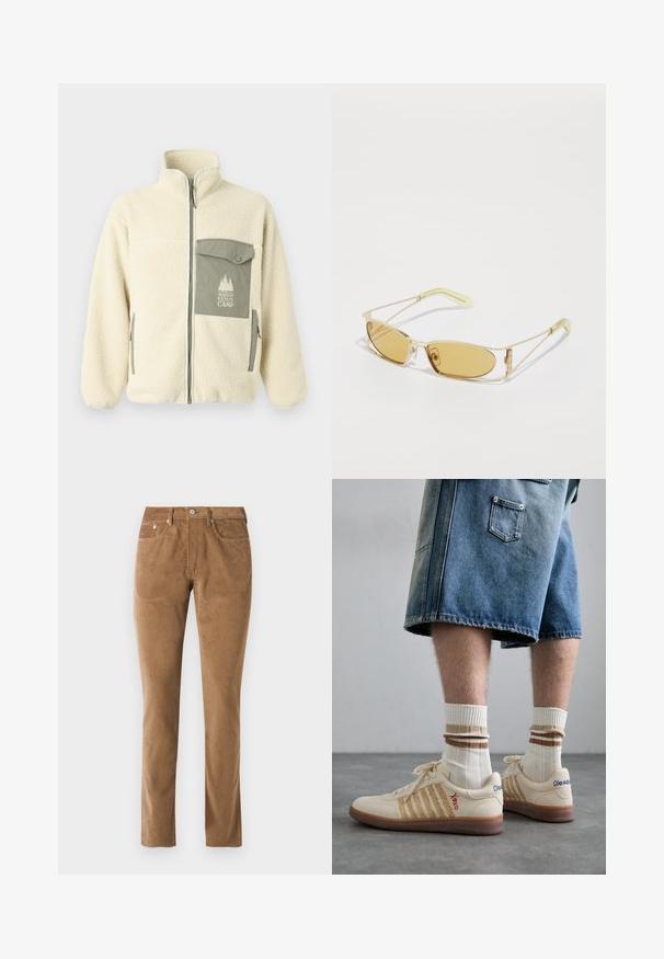 Fleec jakna u krem boji s visokim ovratnikom, prednjim zatvaračem i zelenom prsnom džepom s logom i kopčanjem na dugme.; Siva pamučna majica s malim vezom narančaste lisice iznad lijevog grudnog koša. Okrugli izrez, kratki rukavi i klasičan kroj.; Smeđi kord pantoloni s krojem koji prati liniju tijela, s pet džepova, zatvaranjem na dugme i šivanim detaljima duž šavova.; Bež retro tenisice sa smešnim gumiranim đonom, sa prugastim detaljima i izvezenim logotipima. Nose se sa belim čarapama i prugastim smešnim detaljem.; Nažute naočale za sunce s prozirnim zlatnim okvirom, uskim pravokutnim oblikom i oštrim rukama s svijetlozelenim naglascima.