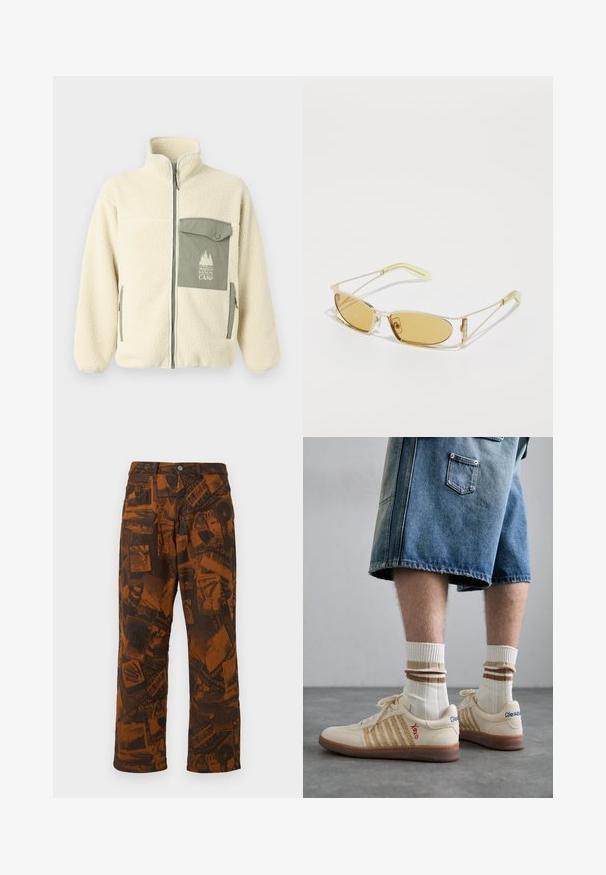 Krémová fleecová bunda s vysokým límcem, předním zipem a zelenou náprsní kapsou se znakem a knoflíkovým zapínáním.; Šedé bavlněné tričko s malou výšivkou hlavy oranžového lišáka nad levým hrudníkem. Kulatý výstřih, krátké rukávy a klasický střih.; Hnědé kalhoty se vzorem, které obsahují koláž tmavých motivů, mají zvonový střih nohavic, standardní zapínání na knoflík a zip, a pět kapes.; Bežové retro tenisky s hnědou gumovou podrážkou, zdobené pruhovanými detaily a vyšitými logy. Nosené s bílými ponožkami, pruhovaný hnědý detail.; Sluneční brýle se žlutým nádechem, s průhledným zlatým rámem, štíhlým obdélníkovým tvarem a úhlovými nohami s světle zelenými akcenty.