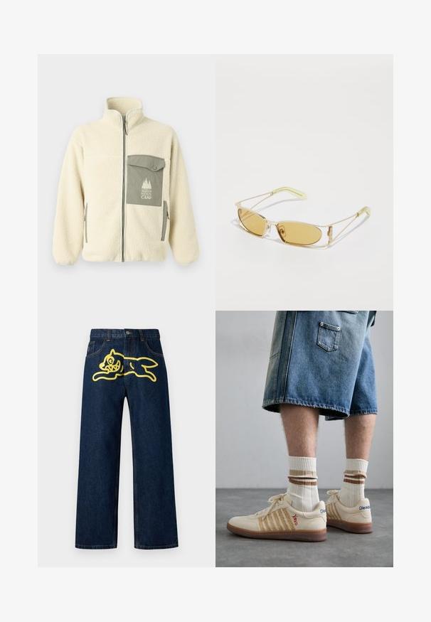 Kreemist fleece-jope kõrge kaelusega, ees tõmblukk ja rohelise rinna taskuga, millel on logo ja nööbikinnitus.; Hallhallane puuvillane t-särk, millel on vasakul rinnal väike oranž rebase pea tikand. Ümar kaelus, lühikesed varrukad ja klassikaline lõige.; Tumed sinised teksad, millel on suur kollane graafika hüppavast tegelasest tagakotil. Sirge jalgade disain tavalise õmblusega.; Beežid retro tennised pruuni kummitaldaga, millel on triibulised aktsendid ja tikitud logod. Kanda valgete sokkidega, triibuline pruuni detailiga.; Kollaste varjunditega prillid, millel on läbipaistev kuldne raami, saledad ristkülikukujulised vormid ning nurgelised varred, millel on helesinised aktsendid.
