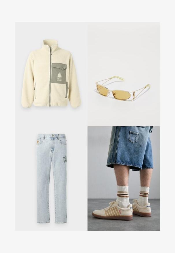 Flis jakna v kremni barvi z visokim ovratnikom, sprednjim zadrgo in zeleno prsno žepom, ki vključuje logo in zapiranje na gumb.; Siva bombažna majica z majhnim vezenjem oranžne lisice nad levim prsnikom. Okrogla ovratnika, kratke rokave in klasičen kroj.; Svijetloplave traperice ravnog kroja, s grafikom zelene zvijezde i natpisom "Billion Boys Club" na lijevom bedru.; Bežne retro teniske z rjavim gumijastim podplatom, ki imajo črtaste detajle in izvezene logotipe. Oblečene so z belimi nogavicami in črtastim rjavim detajlom.; Sončna očala z rumenim tonom, s prozornim zlatim okvirjem, ozko pravokotno obliko in ostrimi ročaji z svetlo zelenimi poudarki.
