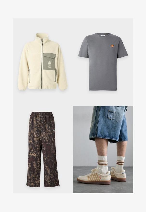 Fleece-Jacke in Creme mit hohem Kragen, Frontreißverschluss und einer grünen Brusttasche mit Logo und Knopfverschluss.; Graues Baumwoll-T-Shirt mit einer kleinen orangefarbenen Fuchs-Kopf-Stickerei über der linken Brust. Rundhalsausschnitt, kurze Ärmel und eine klassische Passform.; Weite Hose mit einem dunkelbraunen Grundton und einem goldenen strukturierten Muster. Elastischer Taillenbund mit einem Logotag an der Seite.; Beige Retro-Sneaker mit braunem Gummisohle, mit gestreiften Akzenten und gestickten Logos. Getragen mit weißen Socken, gestreiftem braunen Detail.