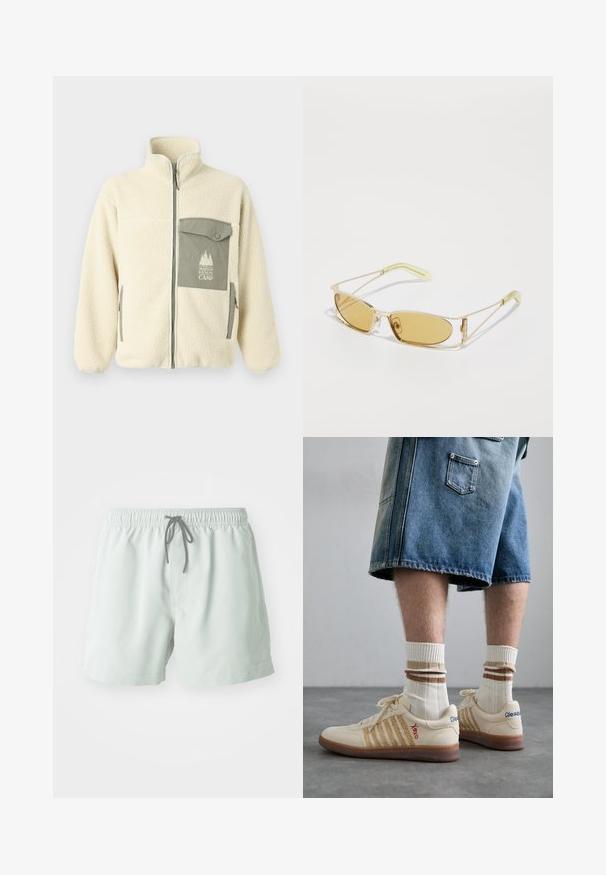 Fleeceová bunda v krémovej farbe s vysokým golierom, predným zipsom a zelenou náprsníkovou vreckom s logom a gombíkovým uzáverom.; Sivá bavlnená tričko s malou výšivkou oranžovej líšky nad ľavým prsiam. Okrúhly výstrih, krátke rukávy a klasický strih.; Svetlozelené plavkové šortky s elastickým pásom, nastaviteľnou šnúrkou a bočnými vreckami. Hladká textúra, dĺžka nad kolená.; Béžové retro tenisky s hnedou gumovou podrážkou, so pruhovanými akcentmi a vyšitými logami. Nosené s bielymi ponožkami a pruhovaným hnedým detailom.; Žlté slnečné okuliare s priesvitným zlatým rámom, štíhlym obdĺžnikovým tvarom a ostrými rámami so svetlozelenými akcentmi.