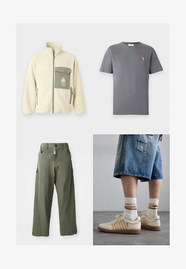 Casaco de fleece em creme com colarinho alto, fecho frontal e um bolso na parte anterior em verde com um logotipo e fecho de botão.; T-shirt de algodão cinza apresentando uma pequena bordagem de cabeça de raposa laranja acima do lado esquerdo do peito. Decote redondo, mangas curtas e um ajuste clássico.; Calças cargo verde-oliva feitas de tecido durável, com um corte confortável, vários bolsos laterais e fecho de botão na cintura.; Sapatilhas retro bege com sola de borracha castanha, apresentando detalhes listrados e logótipos bordados. Usadas com meias brancas, com detalhe listrado em castanho.