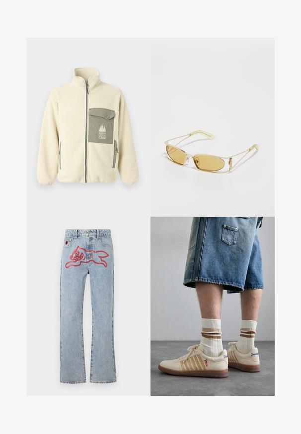 Giacca in pile di colore crema con colletto alto, zip frontale e tasca sul petto verde con logo e chiusura a bottone.; T-shirt grigio in cotone con un piccolo ricamo di testa di volpe arancione sopra il lato sinistro del petto. Collo a giro, maniche corte e vestibilità classica.; Jeans in denim azzurro chiaro con un design a gamba dritta, caratterizzati da una grande grafica di un gatto rosso in stile cartoon sul retro e dal tradizionale stile a cinque tasche.; Sneaker retro beige con suola in gomma marrone, dotate di dettagli a righe e loghi ricamati. Indossate con calze bianche e dettagli marroni a righe.; Occhiali da sole con tintura gialla, montatura traslucida dorata, forma rettangolare slanciata e aste angolari con dettagli verde chiaro.