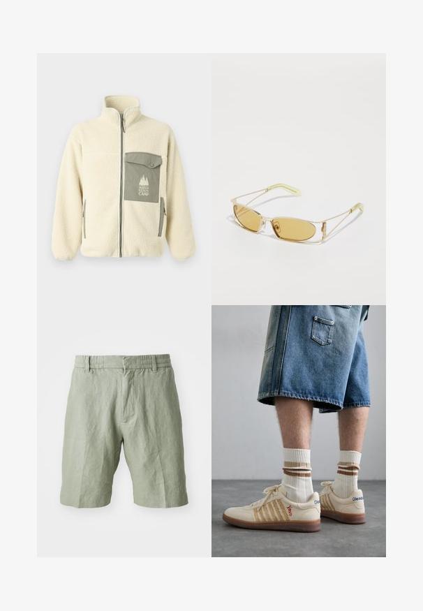 Giacca in pile di colore crema con colletto alto, zip frontale e tasca sul petto verde con logo e chiusura a bottone.; T-shirt grigio in cotone con un piccolo ricamo di testa di volpe arancione sopra il lato sinistro del petto. Collo a giro, maniche corte e vestibilità classica.; Shorts in lino verde chiaro con una vestibilità rilassata, vita elasticizzata e due tasche frontali. Texture liscia con un design casual.; Sneaker retro beige con suola in gomma marrone, dotate di dettagli a righe e loghi ricamati. Indossate con calze bianche e dettagli marroni a righe.; Occhiali da sole con tintura gialla, montatura traslucida dorata, forma rettangolare slanciata e aste angolari con dettagli verde chiaro.