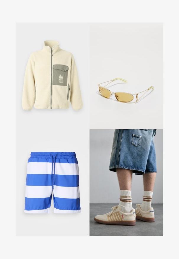 Fleece jacket in cream with a high collar, front zipper, and a green chest pocket featuring a logo and button closure.; Gray cotton t-shirt featuring a small orange fox head embroidery above the left chest. Crew neck, short sleeves, and a classic fit.; Blue and white striped swim shorts made of lightweight fabric, featuring an elastic waistband with a drawstring and a smooth texture.; Beige retro sneakers with brown rubber sole, featuring striped accents and embroidered logos. Worn with white socks, striped brown detail.; Yellow-tinted sunglasses with a translucent gold frame, slim rectangular shape, and angular arms with light green accents.