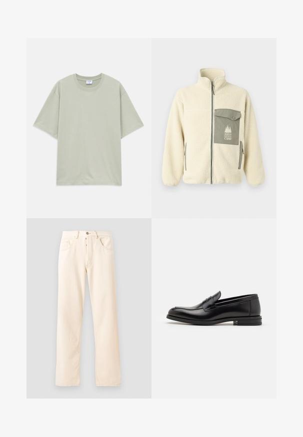 Veste en polaire crème avec un col haut, une fermeture éclair à l'avant et une poche poitrine verte arborant un logo et une fermeture à bouton.; T-shirt en coton vert clair, ample, à manches courtes et col rond, posé à plat sur fond blanc.; Jean en denim beige clair avec un design à jambe droite, cinq poches et une fermeture à bouton à l'avant. Couture visible le long des coutures.; Mocassins en cuir noir avec une texture lisse, bout rond et une sangle décorative sur le dessus. Talon bas empilé, design minimaliste.