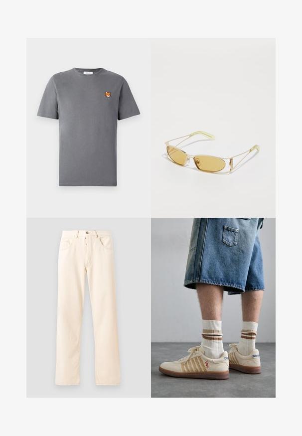 Flis jakna v kremni barvi z visokim ovratnikom, sprednjim zadrgo in zeleno prsno žepom, ki vključuje logo in zapiranje na gumb.; Siva bombažna majica z majhnim vezenjem oranžne lisice nad levim prsnikom. Okrogla ovratnika, kratke rokave in klasičen kroj.; Svijetlosmeđe traperice s ravnim nogavicama, pet džepova i prednjim zatvaranjem na gumb. Šavovi su vidljivi duž šavova.; Bežne retro teniske z rjavim gumijastim podplatom, ki imajo črtaste detajle in izvezene logotipe. Oblečene so z belimi nogavicami in črtastim rjavim detajlom.; Sončna očala z rumenim tonom, s prozornim zlatim okvirjem, ozko pravokotno obliko in ostrimi ročaji z svetlo zelenimi poudarki.