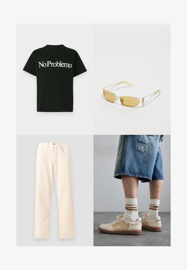 Fleec jakna u krem boji s visokim ovratnikom, prednjim zatvaračem i zelenom prsnom džepom s logom i kopčanjem na dugme.; Crna majica kratkih rukava s bijelim natpisom "No Problemo" centriranim na prednjoj strani na svijetloj jednostavnoj pozadini.; Svijetlo bež traperice s ravnim nogavicama, pet džepova i prednjim kopčanjem na dugme. Šavovi su vidljivi duž šavova.; Bež retro tenisice sa smešnim gumiranim đonom, sa prugastim detaljima i izvezenim logotipima. Nose se sa belim čarapama i prugastim smešnim detaljem.; Nažute naočale za sunce s prozirnim zlatnim okvirom, uskim pravokutnim oblikom i oštrim rukama s svijetlozelenim naglascima.